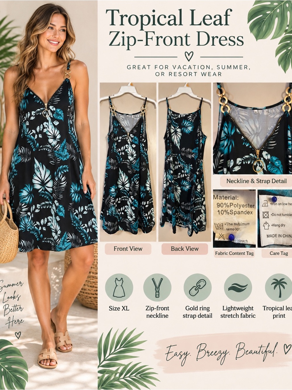 Tropical Leaf Zip-Front Dress - Black with Teal Leaf Print